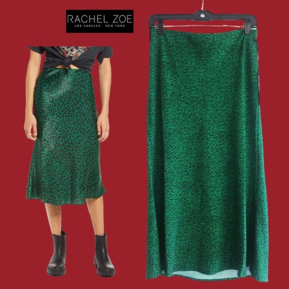 Rachel Zoe Green Leopard Print Midi Skirt